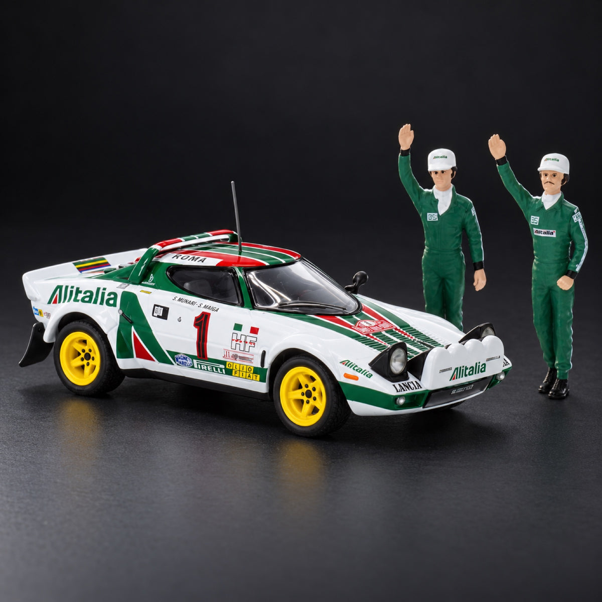Lancia Stratos HF, Nr. 1, Alitalia, WRC, Rallye Monte Carlo, Sieger, mit Figuren, S. Munari/S. Maiga, 1977 – Illustrationsfoto (KI)
