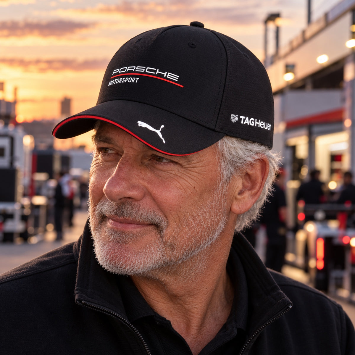 Porsche Motorsport Team-Cap mit Sponsorenlogos – Schwarz – Illustrationsfoto (KI)