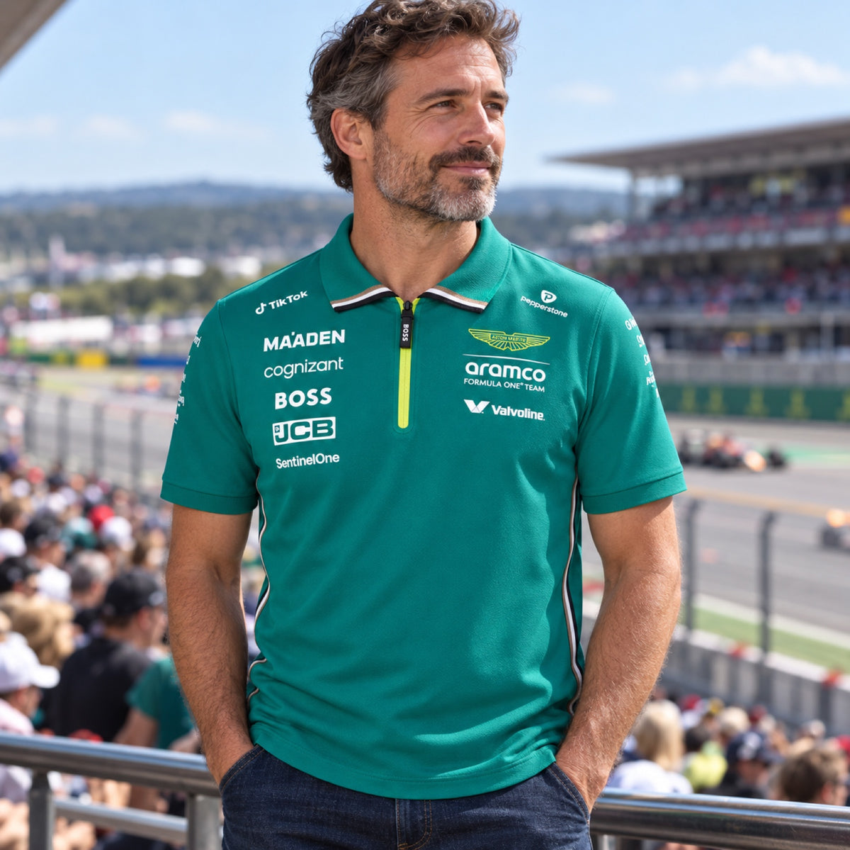 Aston Martin F1 Team Poloshirt mit Sponsorenlogos – Illustrationsfoto (KI)