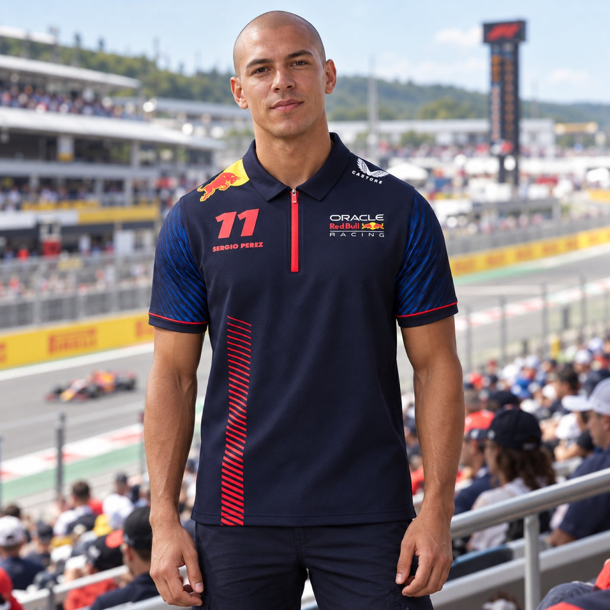 Red Bull Racing F1 Sergio Perez Team-Poloshirt – Illustrationsfoto (KI)
