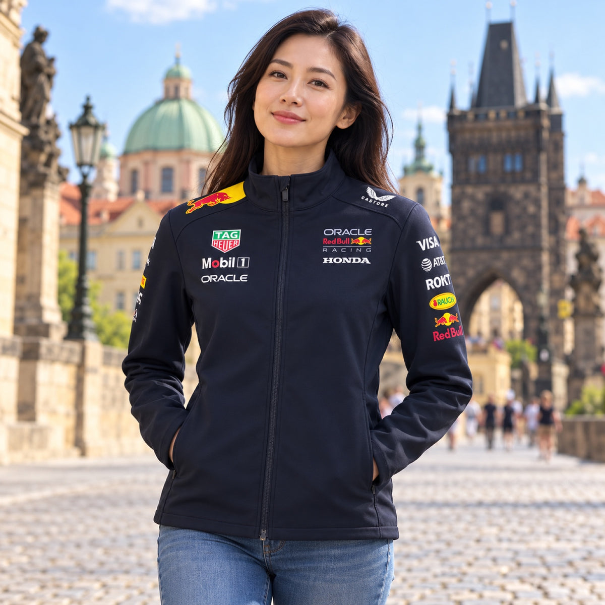 Oracle Red Bull Racing Team-Softshelljacke mit Sponsorenlogos – Illustrationsfoto (KI)