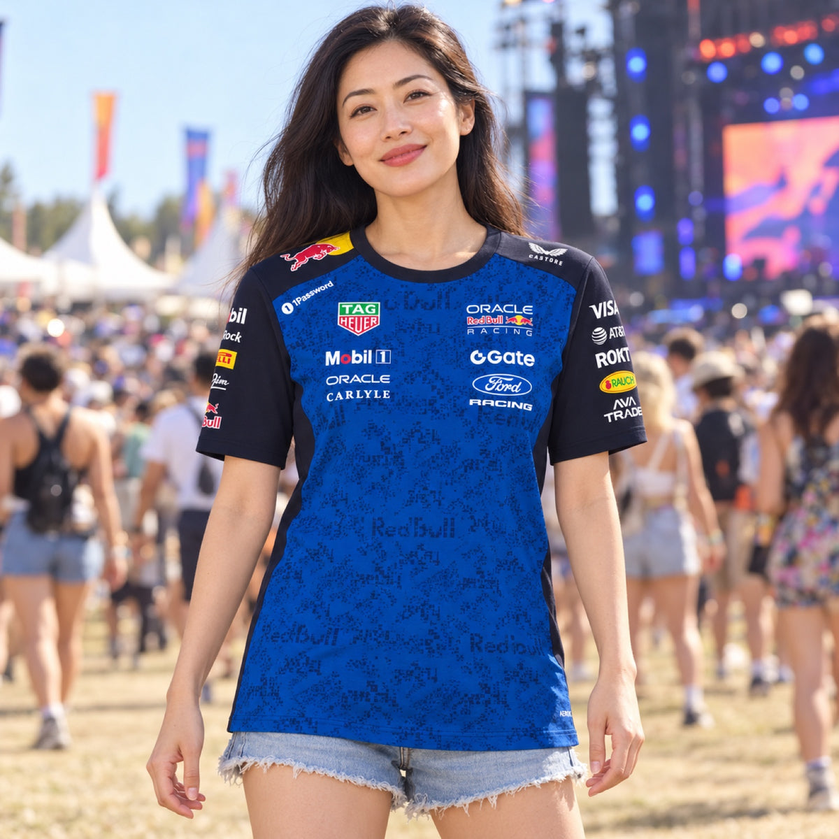 Oracle Red Bull Racing Team-T-Shirt mit Sponsorenlogos – Illustrationsfoto (KI)