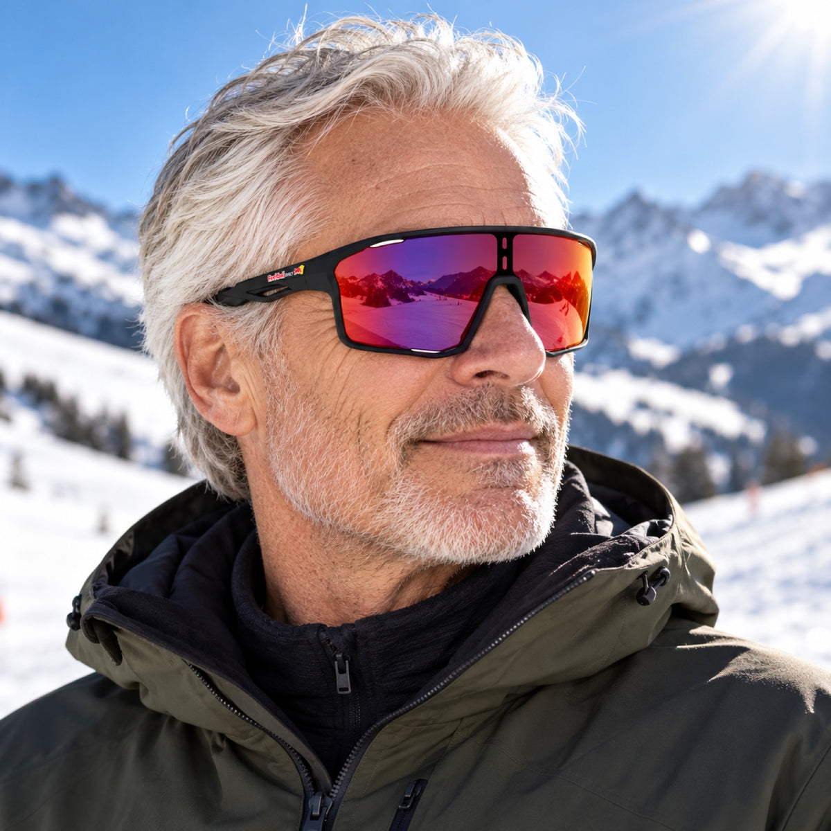 Red Bull Spect RUMBLE Sonnenbrille – Schwarz mit blau-violettem Glas – Illustrationsfoto (KI)