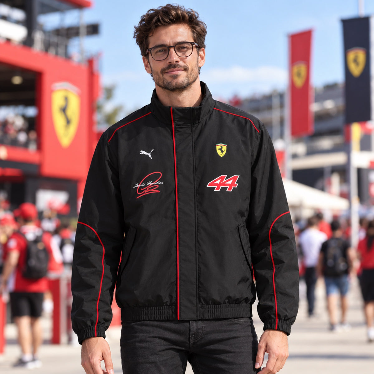 Lewis Hamilton Scuderia Ferrari F1 x Puma Jacke – Fan Edition – Illustrationsfoto (KI)