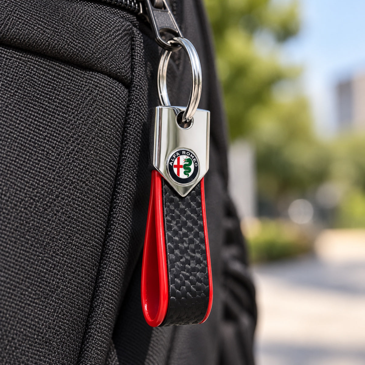 Alfa Romeo BAND Schlüsselanhänger – Carbon Red – Illustrationsfoto (KI)