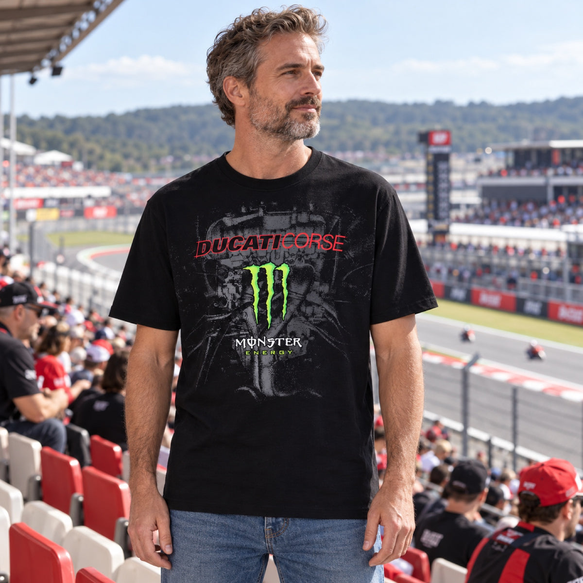 Ducati Corse Monster Energy Fan-T-Shirt – Schwarz – Illustrationsfoto (KI)