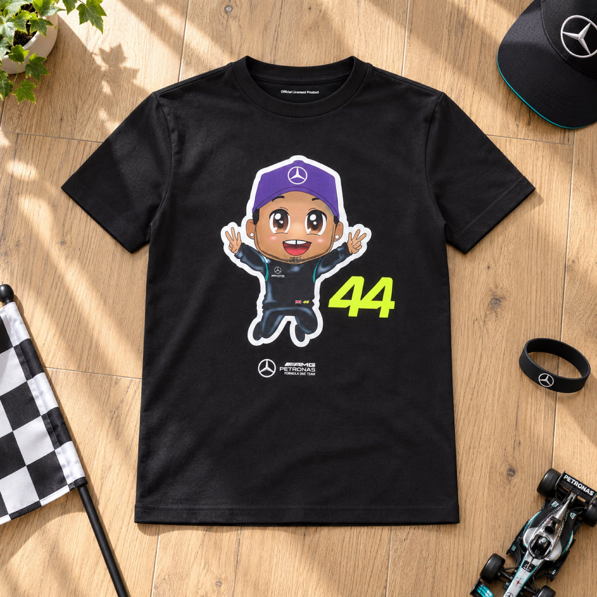 Lewis Hamilton Mercedes-AMG F1 Kinder-T-Shirt – Schwarz – 152 cm – Illustrationsfoto (KI)