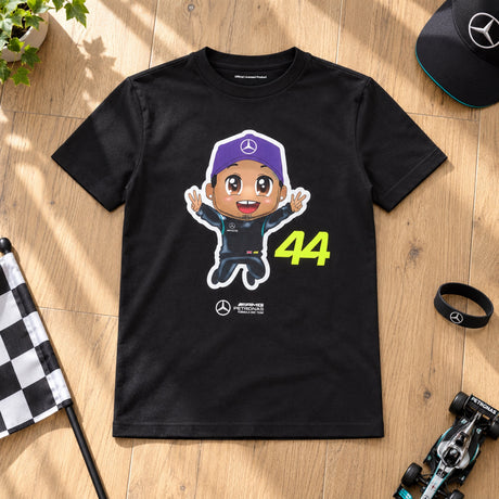 Lewis Hamilton Mercedes-AMG F1 Kinder-T-Shirt – Schwarz – 152 cm – Illustrationsfoto (KI)
