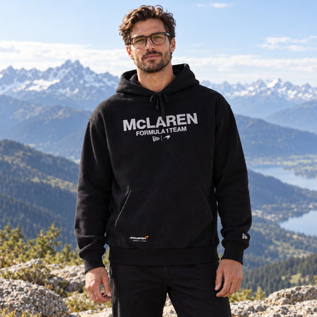 McLaren F1 NE Wordmark Freizeit-Hoodie – Schwarz – Oversize – Illustrationsfoto (KI)