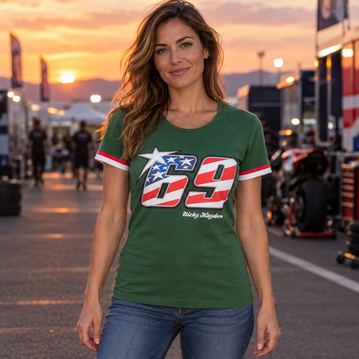 Nicky Hayden Damen-T-Shirt mit Logo – Illustrationsfoto (KI)