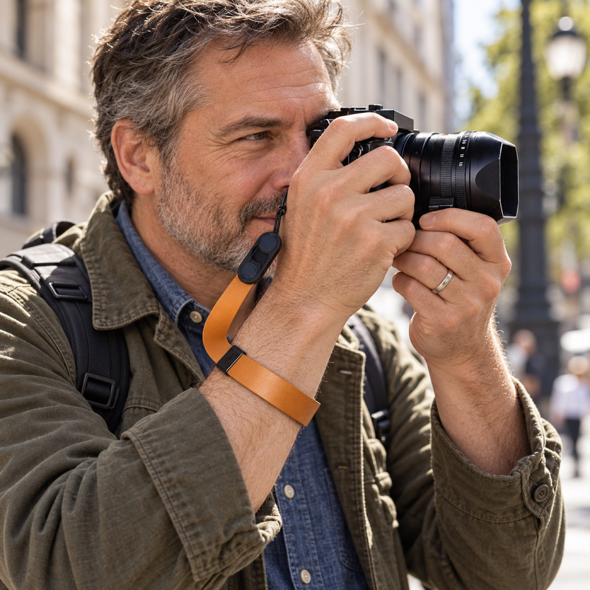 Peak Design Cuff Leather Camera Wrist Strap – Amber – illustrative photo (AI)