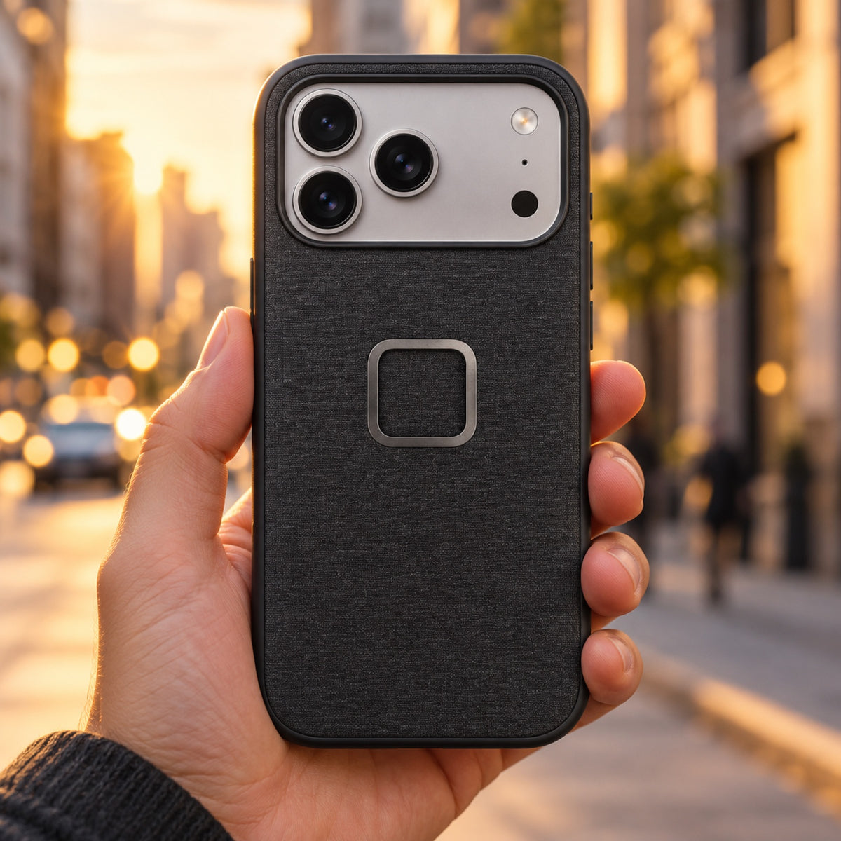 Peak Design Everyday Fabric Case – iPhone 17 Pro – Charcoal – illustrative photo (AI)