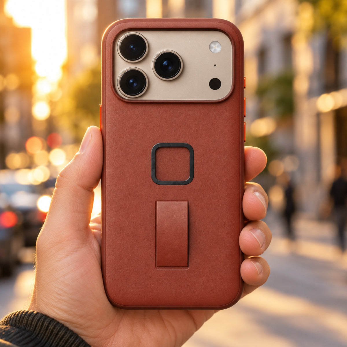 Peak Design Everyday Loop Case Slimlink iPhone 18 Pro Max – Redwood Clarino – illustrative photo (AI)