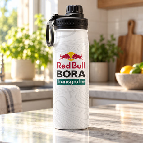 Red Bull Bora Hansgrohe Metall-Trinkflasche mit Logo – Illustrationsfoto (KI)