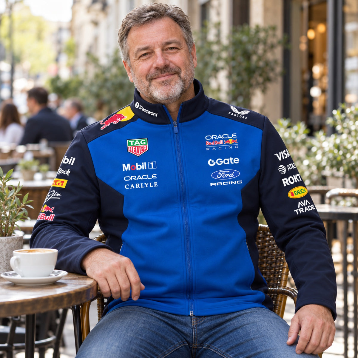 Oracle Red Bull Racing Team-Softshelljacke mit Sponsorenlogos – Illustrationsfoto (KI)