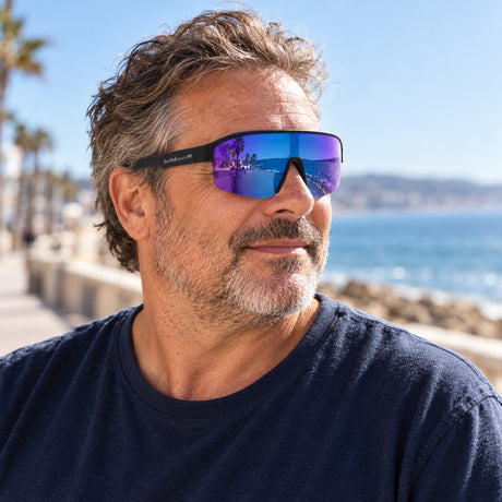 Red Bull Spect DUNDEE Sonnenbrille – Schwarz, violett-blaues Glas – Illustrationsfoto (KI)
