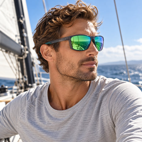 Red Bull Spect RAZE Sonnenbrille – Grau mit grünen Gläsern – Illustrationsfoto (KI)