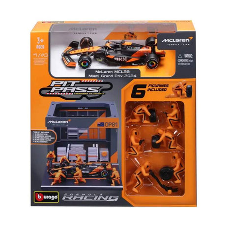Modell Bburago McLaren F1 im Maßstab 1:43 Oscar Piastri mit Boxenmodell